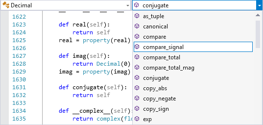 Captura de tela que mostra a Barra de Navegação no editor do Visual Studio.
