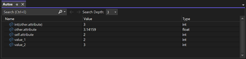 Captura de tela mostrando a janela Autos no depurador do Visual Studio.