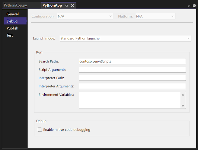 Captura de tela mostrando as propriedades de depuração do projeto Python no depurador do Visual Studio.