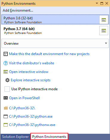 Captura de tela da janela Ambientes do Python no Visual Studio 2019.