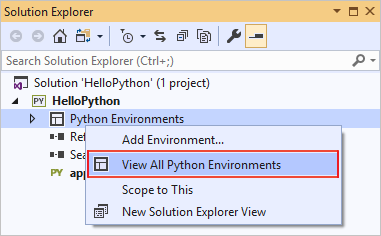 Captura de tela do comando View All Python Environments no gerenciador de soluções do Visual Studio 2019.