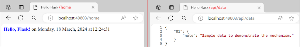 Captura de tela que mostra a exibição de página do aplicativo atualizada para a rota /página inicial e a saída de arquivo estático para a rota /api/dados.