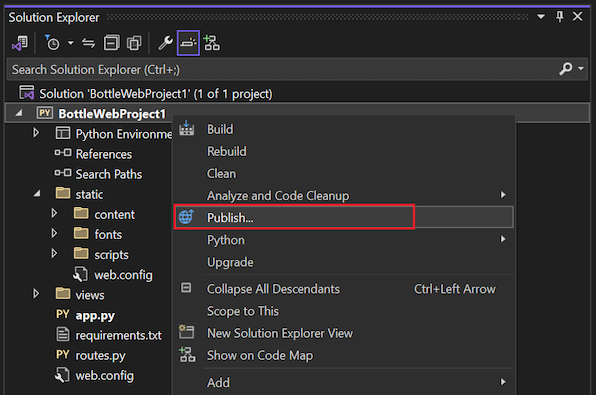 Captura de tela mostrando como acessar o comando Publish de um projeto no Visual Studio.