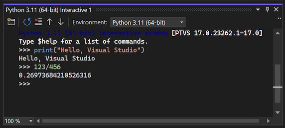 Captura de tela que mostra como a Janela Interativa exibe resultados imediatos para o código inserido no Visual Studio.