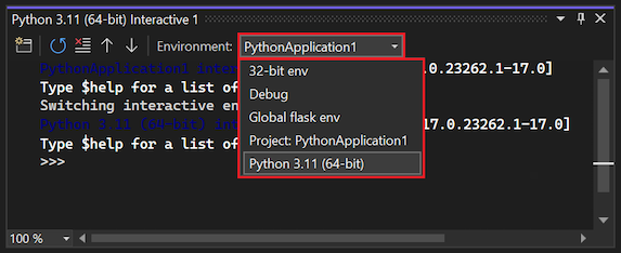 Captura de tela que mostra como selecionar o interpretador de Python na lista suspensa Ambiente na Janela Interativa no Visual Studio.