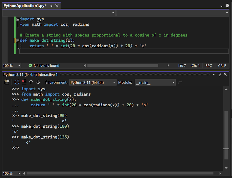 Captura de tela que mostra como executar um teste do código de função enviado para a Janela Interativa no Visual Studio.