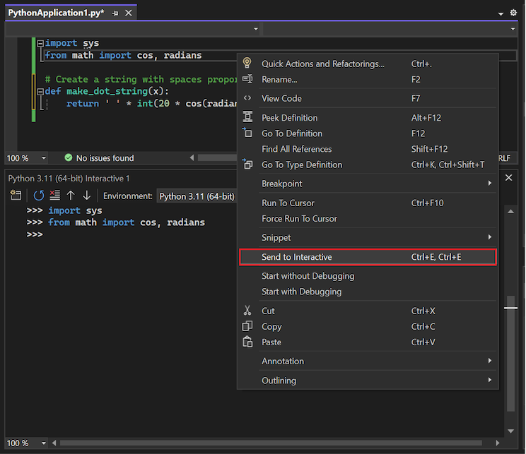 Captura de tela que mostra como enviar código para a importação e de instruções para a Janela Interativa no Visual Studio.