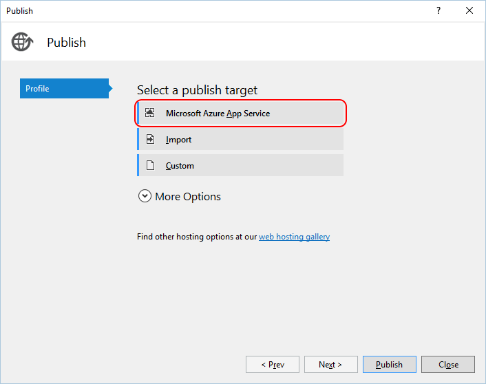 Captura de tela mostrando como publicar no Azure no Visual Studio e selecionar um Serviço de Aplicativo do Azure.