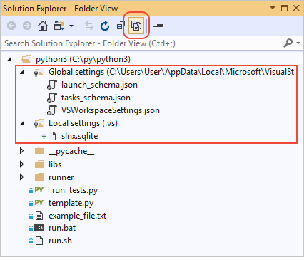 Captura de tela que mostra como exibir pastas e arquivos ocultos no Gerenciador de Soluções no Visual Studio.