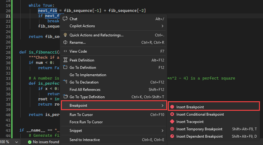 Screenshot que mostra como pontos de interrupção são exibidos na margem esquerda do arquivo de código em Visual Studio.