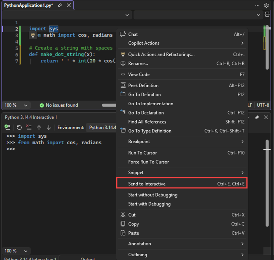 Captura de tela que mostra como enviar código para a importação e de instruções para a Janela Interativa no Visual Studio.