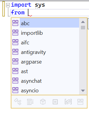 IntellSense showing available modules for a from statement