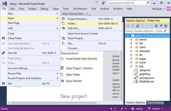 O novo recurso Abrir Pasta no IDE do Visual Studio