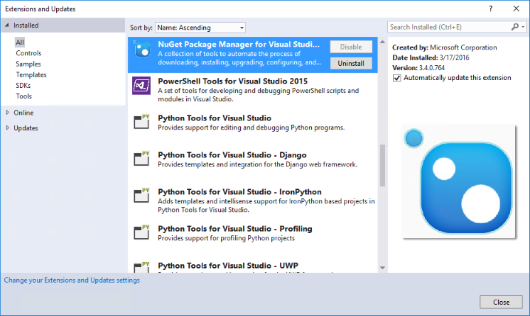 Atualização automática para extensões no IDE do Visual Studio