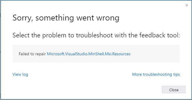Caixa de diálogo de erro com possíveis soluções