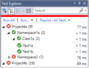 Modo de exibição de hierarquia do Explorador de Testes