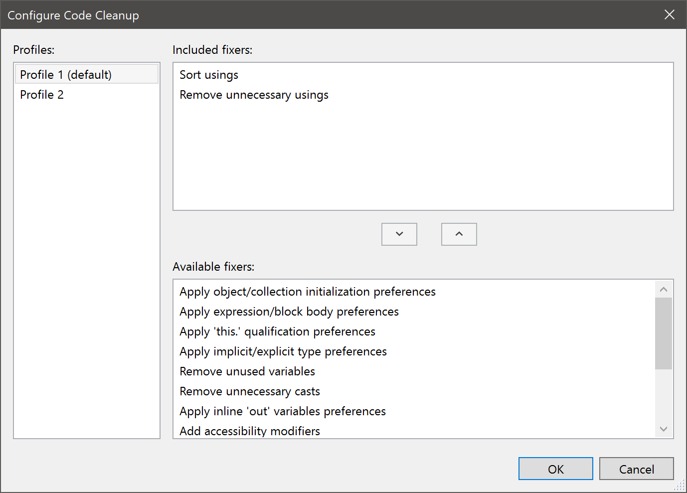 Caixa de diálogo de configuração de Limpeza de Código
