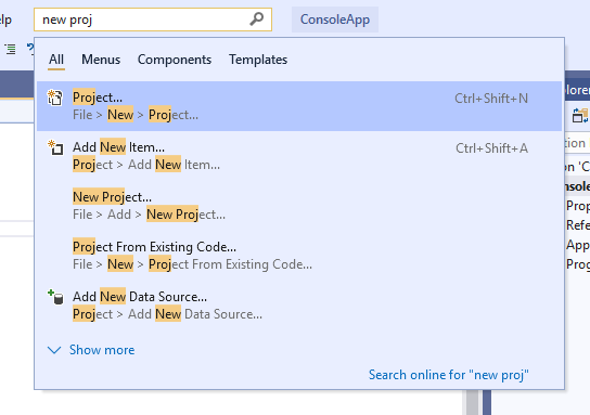 Pesquisa do Visual Studio com resultados