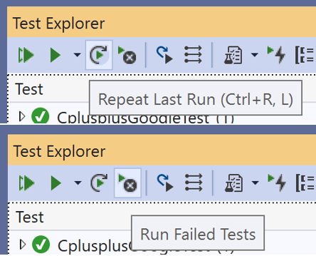 Executar testes com falha e executar botões de Execução de Teste Anterior