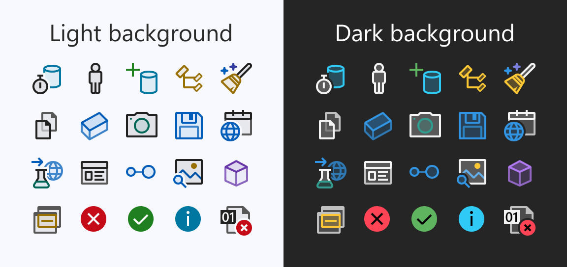 Exemplos de novos ícones com planos de fundo escuros e claros
