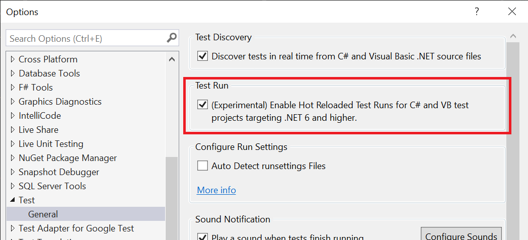 Captura de tela do Visual Studio mostrando habilitar a opção Recarga dinâmica no Teste de opções > de Ferramentas >.