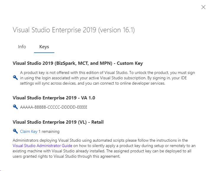 Chaves de produto de declaração do Visual Studio 2019