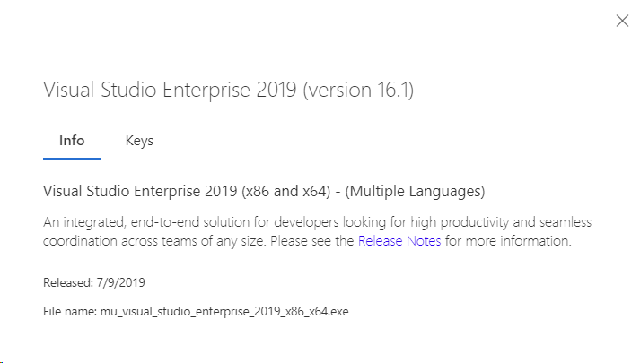 Detalhes do download do Visual Studio 2019