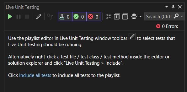 Captura de tela que mostra a janela de ferramentas exibida quando o Live Unit Testing é iniciado pela primeira vez.