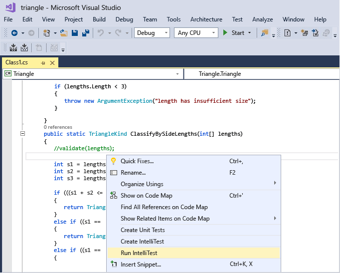 Screenshot of right click on method to generate unit tests.