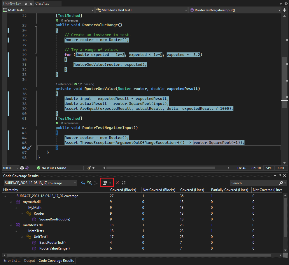 Captura de tela mostrando a cobertura de código realçada.