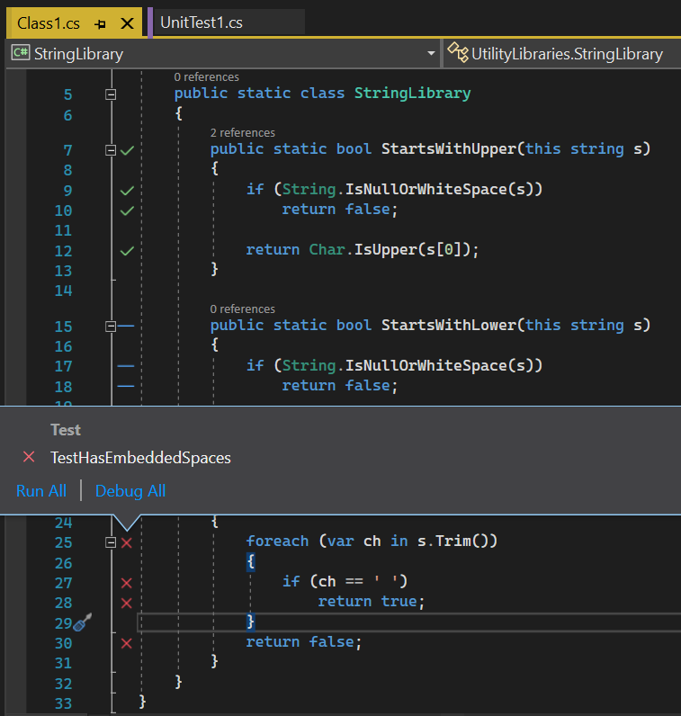 Captura de tela que mostra o a cobertura de código no Visual Studio.