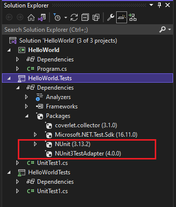 Dependências do NUnit NuGet no Gerenciador de Soluções