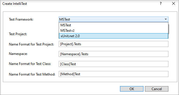Captura de tela de Selecionar outra estrutura de teste de unidade para IntelliTest.