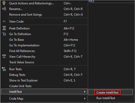 Captura de tela do Create IntelliTest.