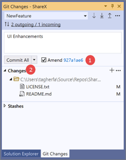 Screenshot of the Git Changes window in Visual Studio 2019, with an 'amend a commit' procedure overlay.