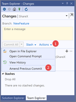 Screenshot of the Changes window for Team Explorer in Visual Studio 2019, with an 'amend a commit' procedure overlay.