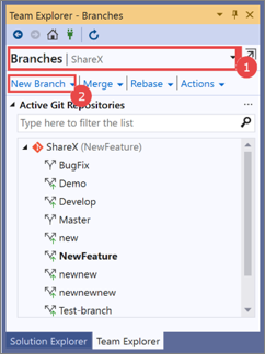 Screenshot of the Branches window for Team Explorer in Visual Studio 2019, with a 'create a new branch' procedure overlay.