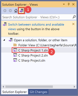 Screenshot of Solution Explorer in Visual Studio 2019, with an 'open a solution' procedure overlay.