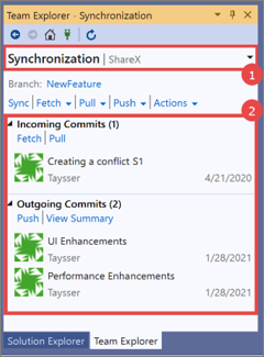 Screenshot of the Synchronization window for Team Explorer in Visual Studio 2019, with a 'view incoming and outgoing commits' procedure overlay.