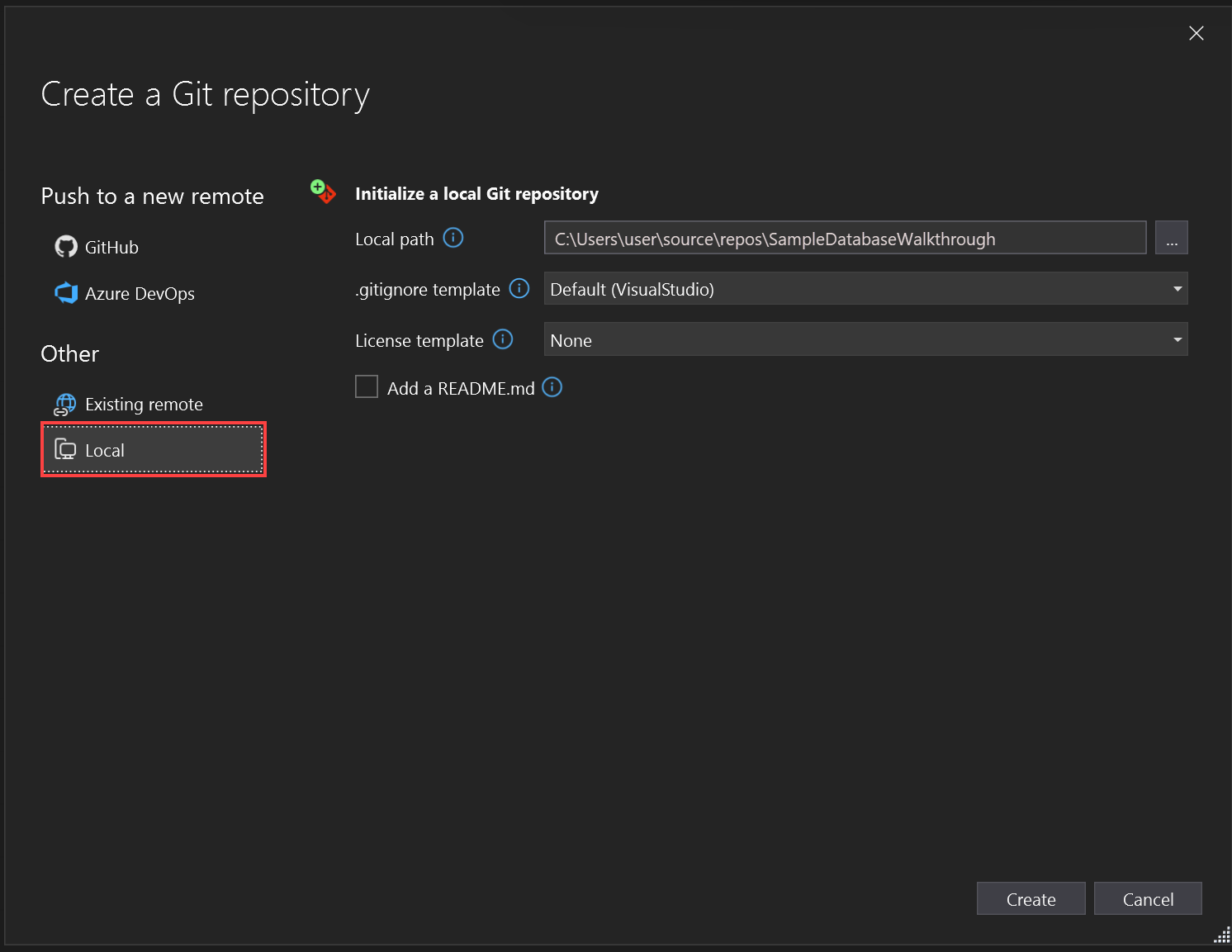 Captura de tela da tela Criar Repositório Git, mostrando a opção Local.