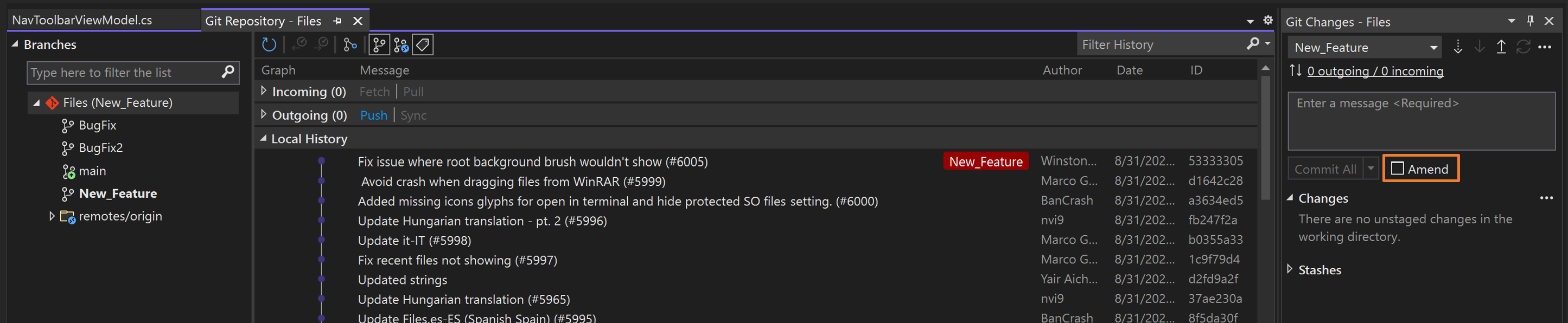 Captura de tela da alteração de alterações de código usando a janela Alterações do Git.