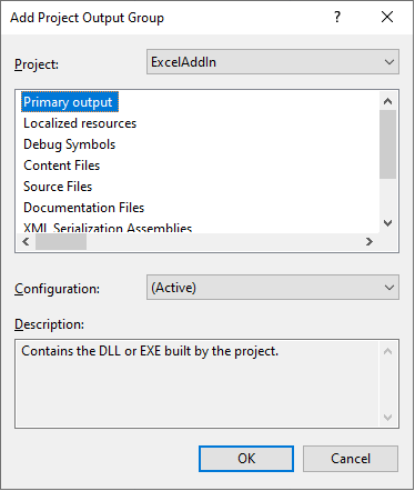 Captura de tela da caixa de diálogo Adicionar Grupo de Saída do Projeto para o Projeto de Configuração
