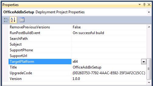 Captura de tela da janela Propriedades mostrando a Plataforma de Destino para o registro de Suplementos com o Office de 64 bits