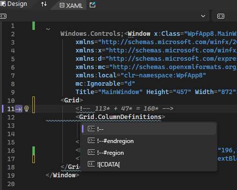Captura de tela do editor de código XAML com opções #region exibidas no IntelliSense.
