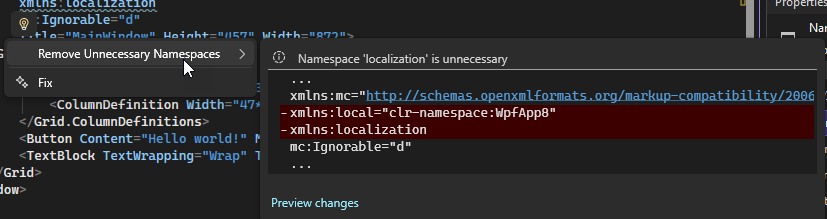 Captura de tela da opção Remover Namespaces Desnecessários do editor de código XAML da lâmpada Ações Rápidas.