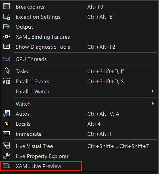 Captura de tela da opção XAML Live Preview na barra de menu Depuração.