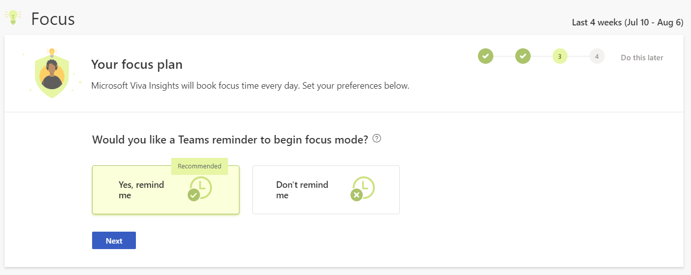Captura de tela que mostra o plano Focus – Deseja ou não deseja notificação.