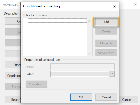 Captura de tela que mostra o botão Adicionar realçado na caixa de diálogo Formatação Condicional.