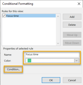 Captura de tela que mostra Nome, Cor e Condição realçadas na caixa de diálogo Formatação Condicional.