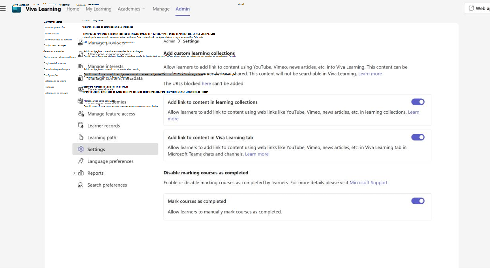 Captura de ecrã a mostrar as definições de administrador.